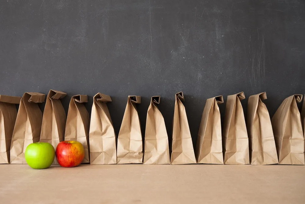 protein snack packs with a row of brown bags with red and green apple